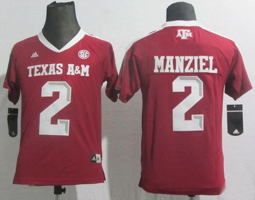 Aggies #2 Johnny Manziel Red SEC Patch Stitched Youth NCAA Jersey - Click Image to Close